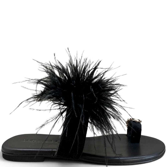 LM - Ciabattina Aramis nero con piume e pietre