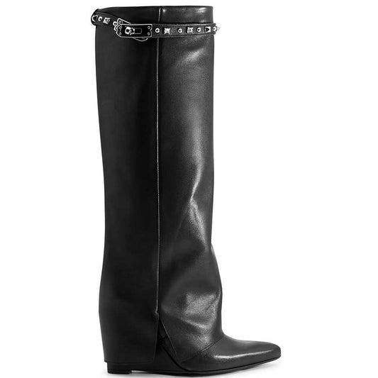 LM - Stivale Fancy nero con cinturino con borchie argento