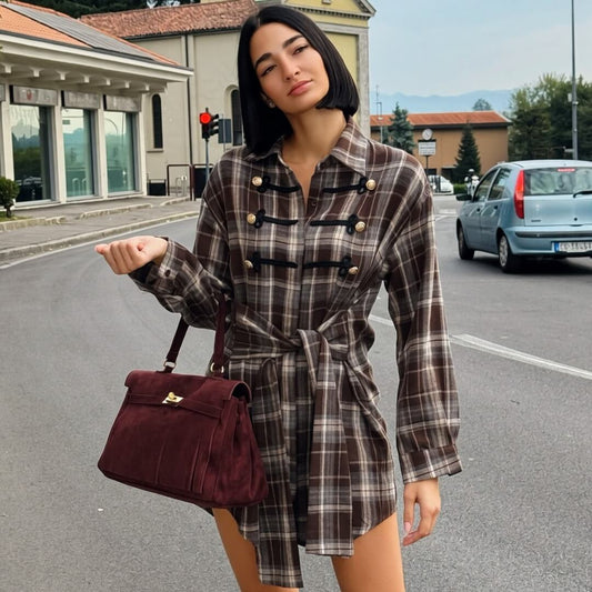 LM - Abito Silvyette quadri marrone con alamari