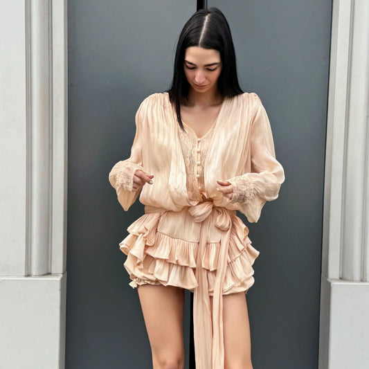 OF - Abito Miriam rouches beige con inserto pizzo