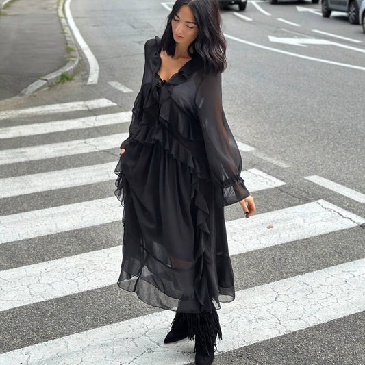 LM - Abito lungo Jade rouches nero