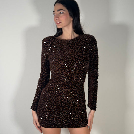 LM - Abito Bloom marrone paillettes e fiocco