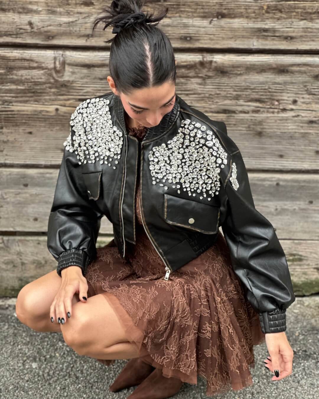 OF - ODI ET AMO Bomber Petra nero con strass