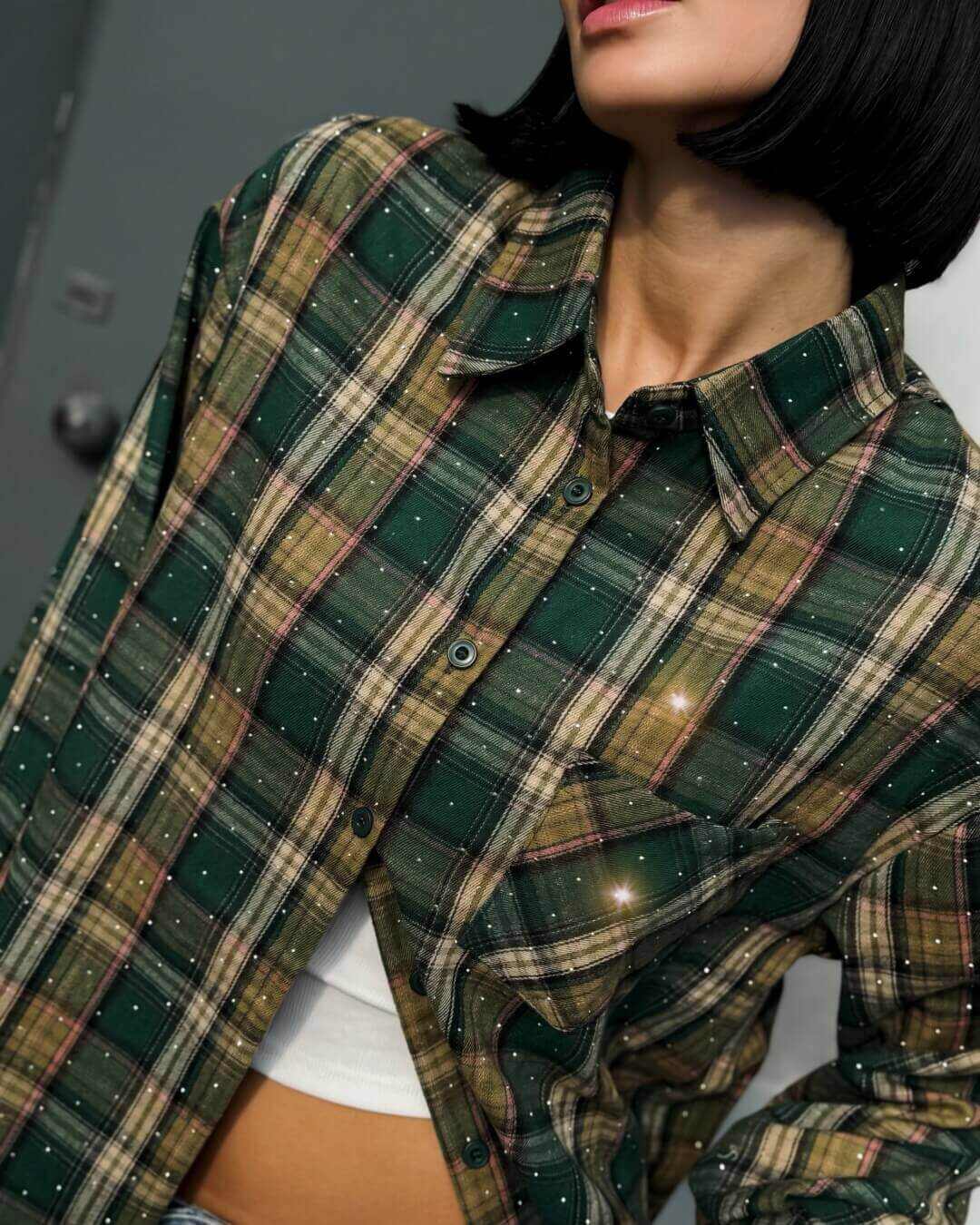 OF - Camicia Square verde con strass