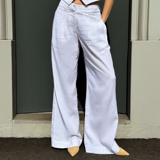 LM - Hinnominate Pantalone a palazzo con pences lino bianco