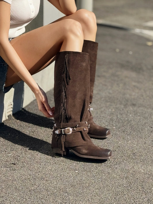 OF - Stivale Gabrielle camoscio testa di moro con frange