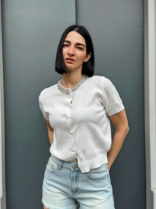 LM - Top Chanty bianco collo gioiello
