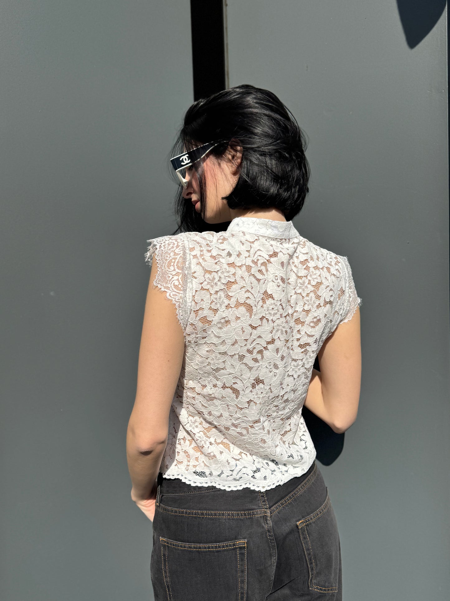OF - Top Alamar bianco pizzo