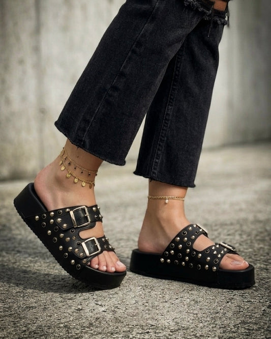 LM - Ciabatta Liza nero platform con borchie e pietre