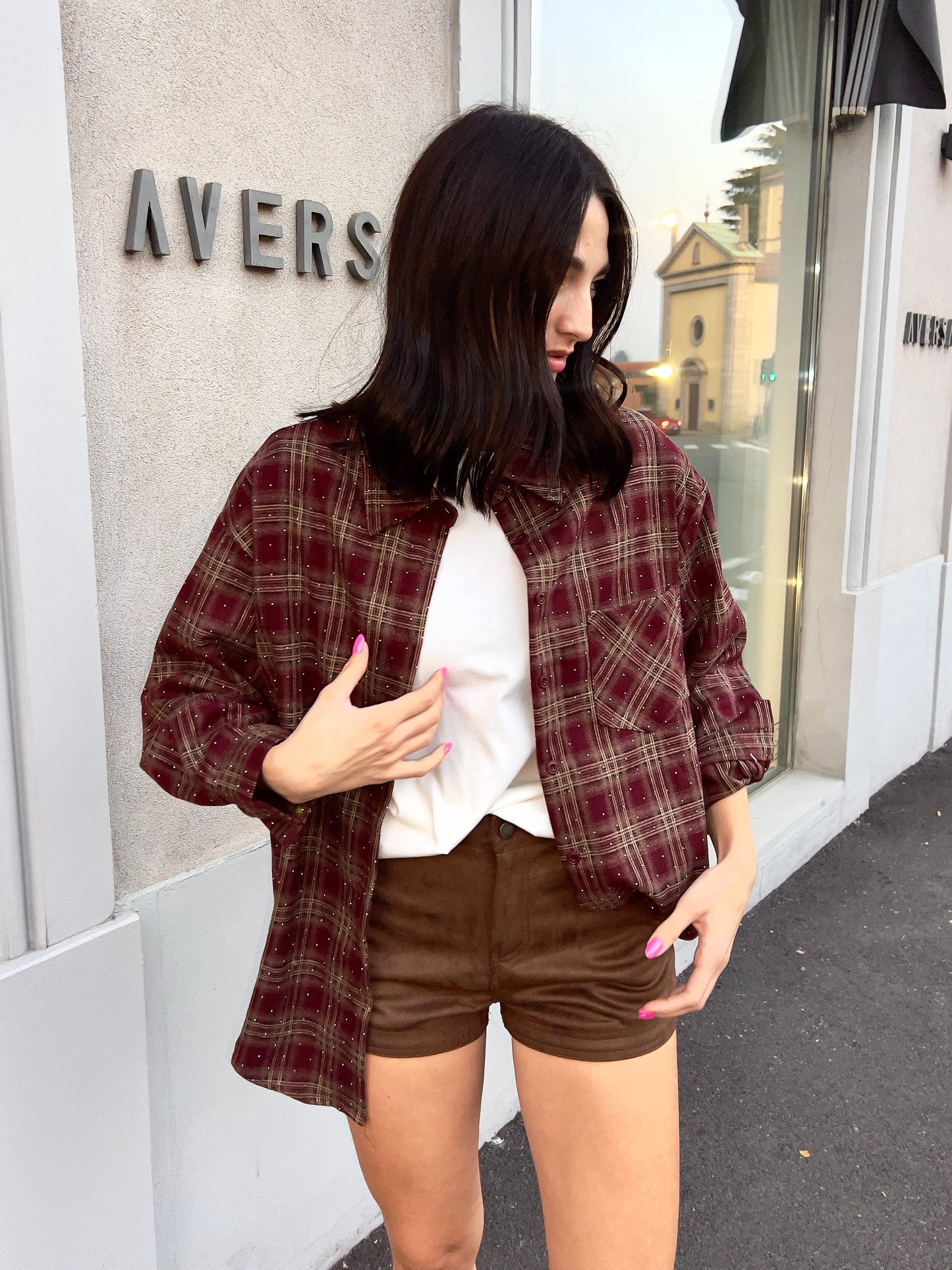 LM - Camicia Square bordeaux con strass