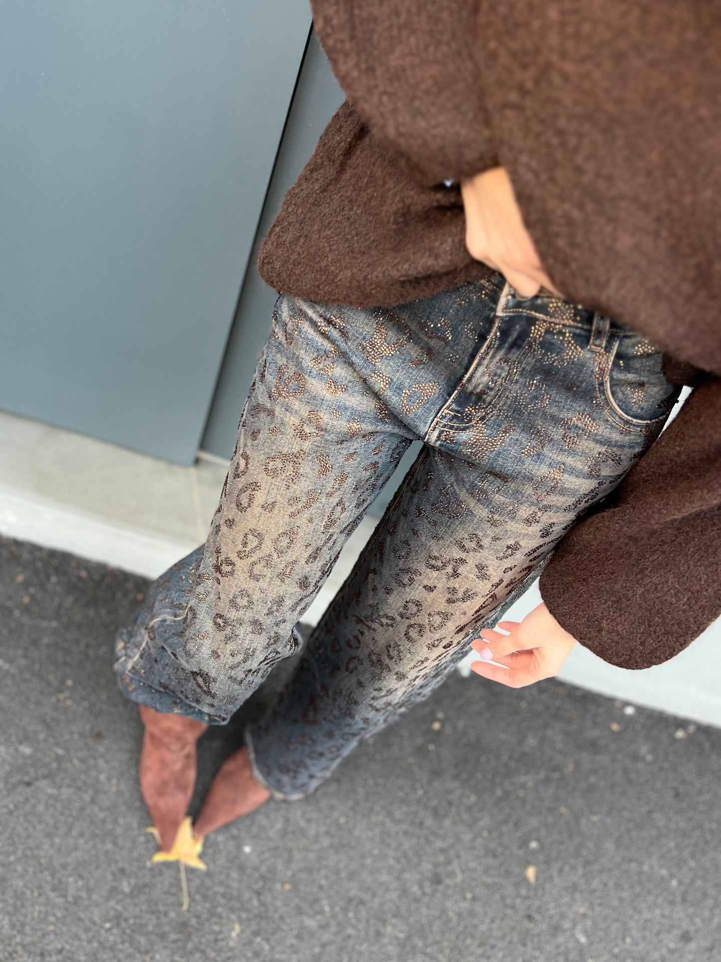 LM - Jeans April slavato denim blue animalier strass