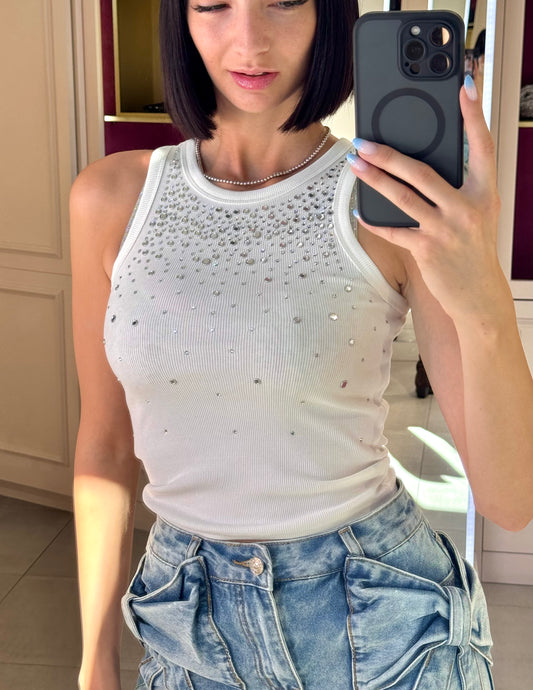 LM - Top Shiny bianco con borchie e strass