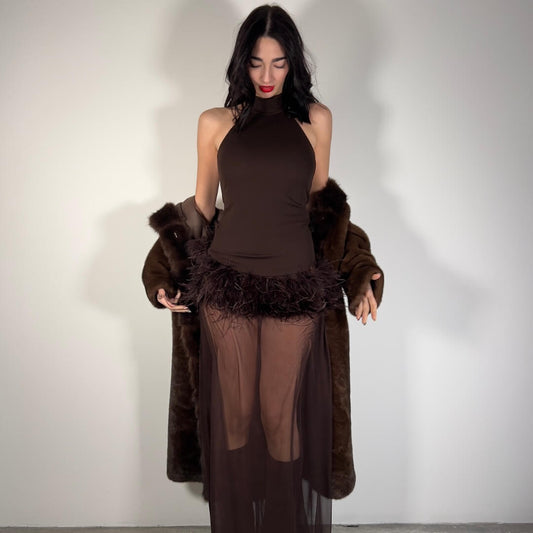 LM - LUMINA Abito Chloe tulle piume marrone