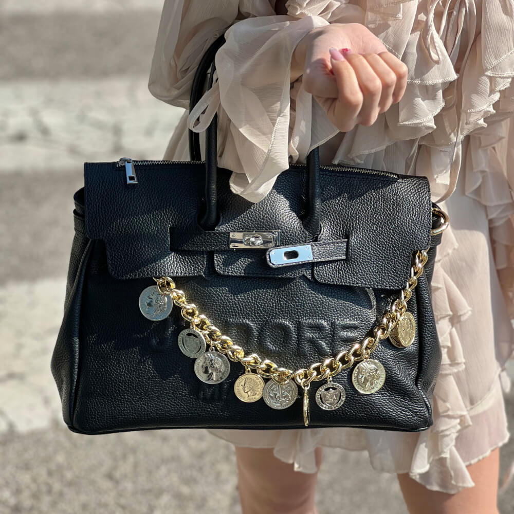 Manico O Bag Nera Con Manici Catena O Bag Nera Con Manici Catena O