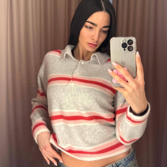 LM - Maglione Polo righe grigio rosa