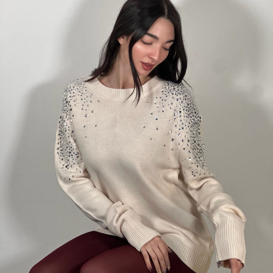 LM - ODI ET AMO Maglione Cream con strass