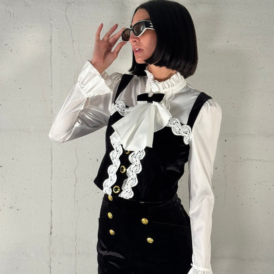 LM - ODI ODI Camicia Aurigo bianco nero con spilla fiocco