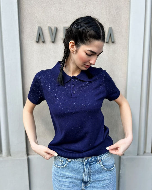 OF - Polo Kirby blu con strass