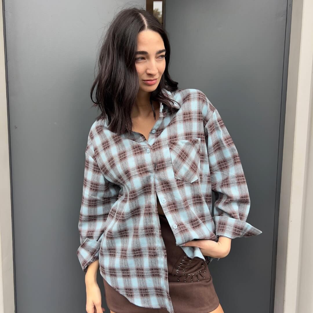 OF - Camicia Square azzurro/bordeaux con strass