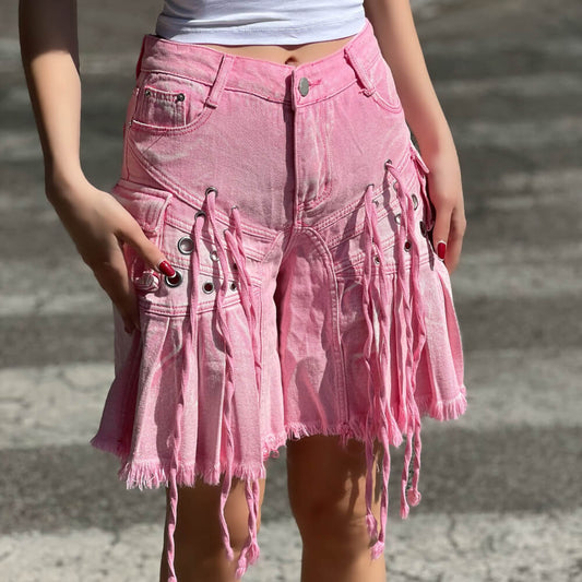 LM - Shorts Babol denim rosa con lacci