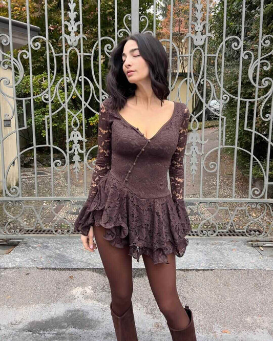 LM - Abito Clary rouches pizzo marrone