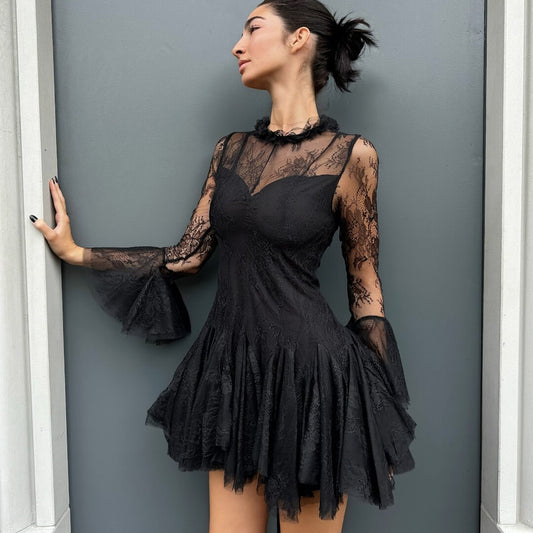 LM - Abito Stefany nero pizzo con rouches