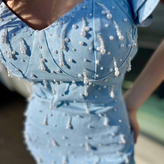 OF - Abito Sandra light denim con perle