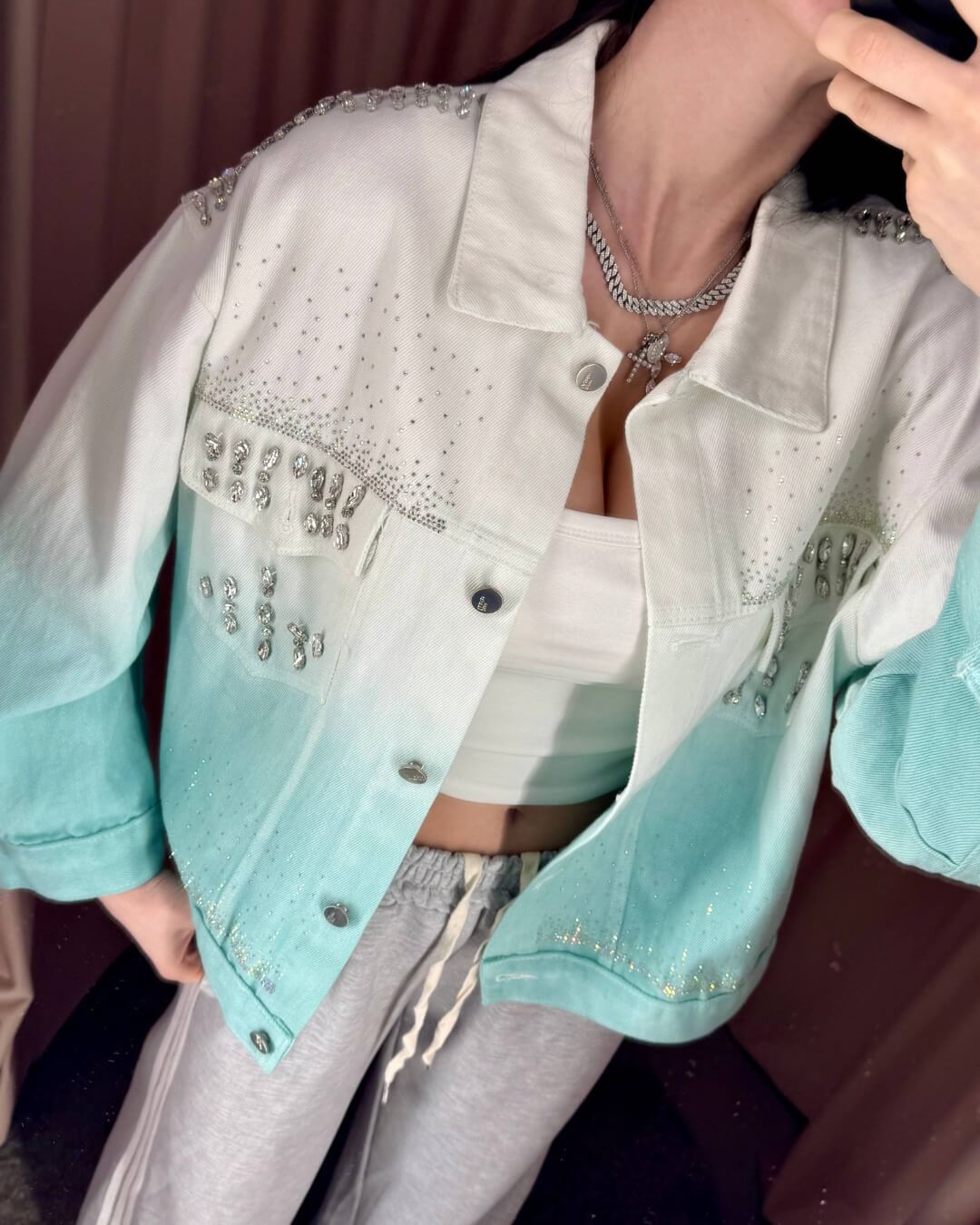 OF - Giacca Petra denim con strass e pietre