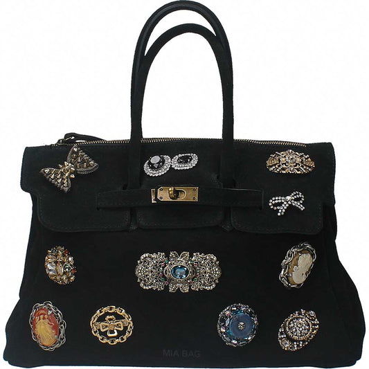 LM - MIA BAG Borsa due manici pietre strass camoscio nero