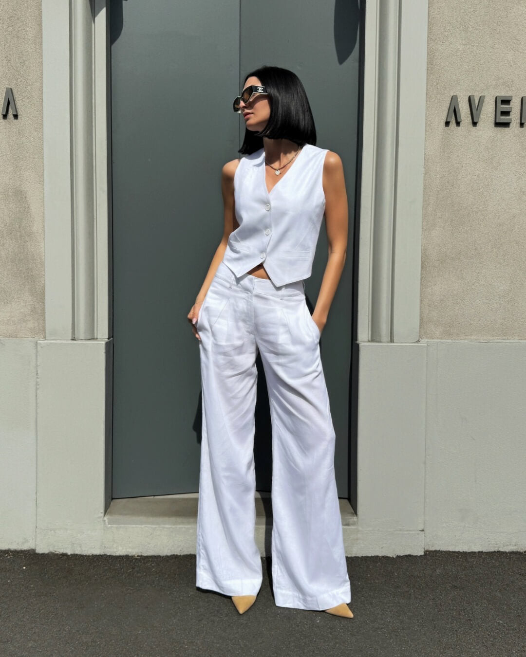 OF - Hinnominate Pantalone a palazzo con pences lino bianco