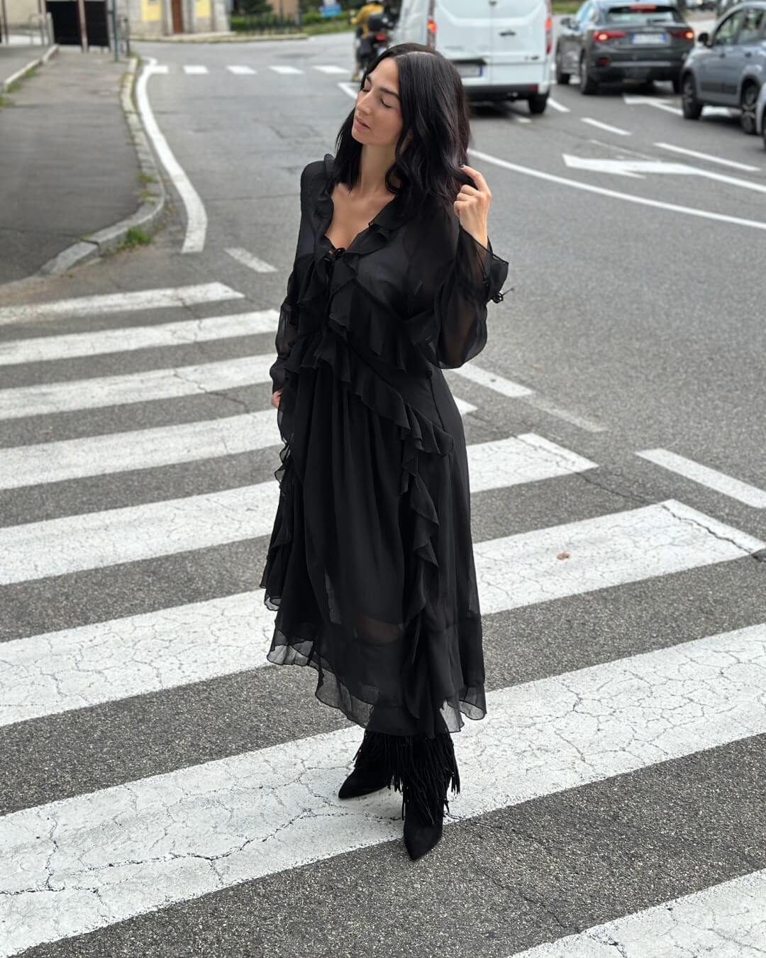 OF - Abito lungo Jade rouches nero