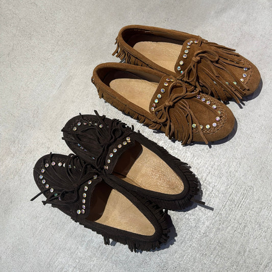 OF - Mocassino Millie camoscio testa di moro con borchie strass