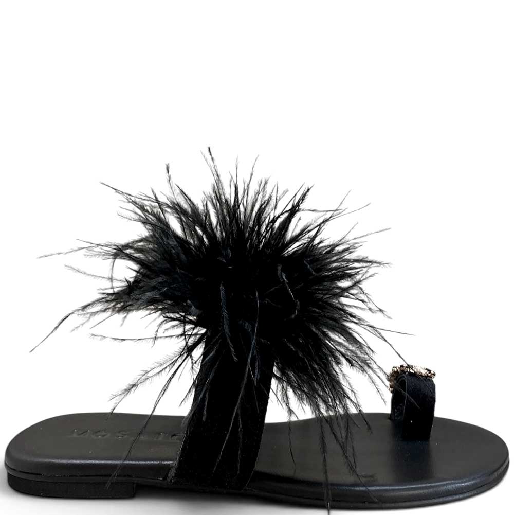 LM - Ciabattina Aramis nero con piume e pietre