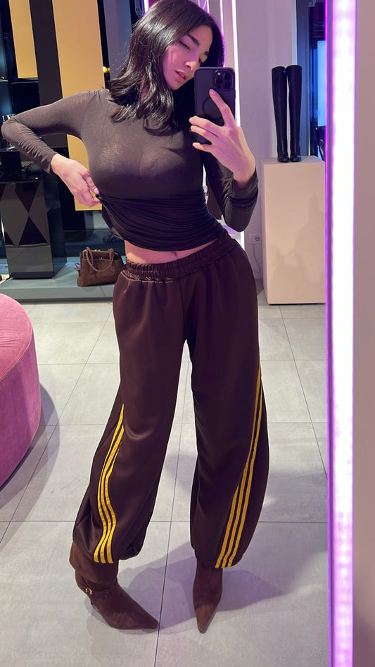 OF - Pantalone tuta Bruno marrone con inserti gialli