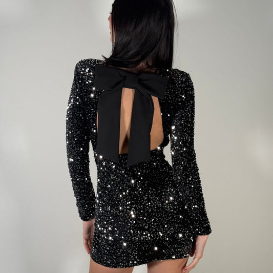 OF - Abito Bloom nero paillettes e fiocco