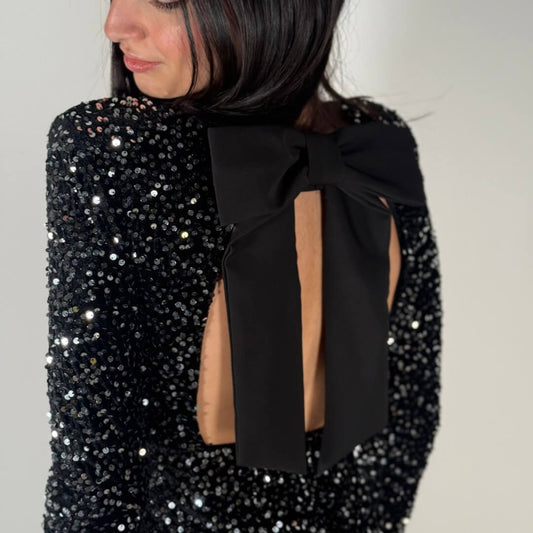 OF - Abito Bloom nero paillettes e fiocco