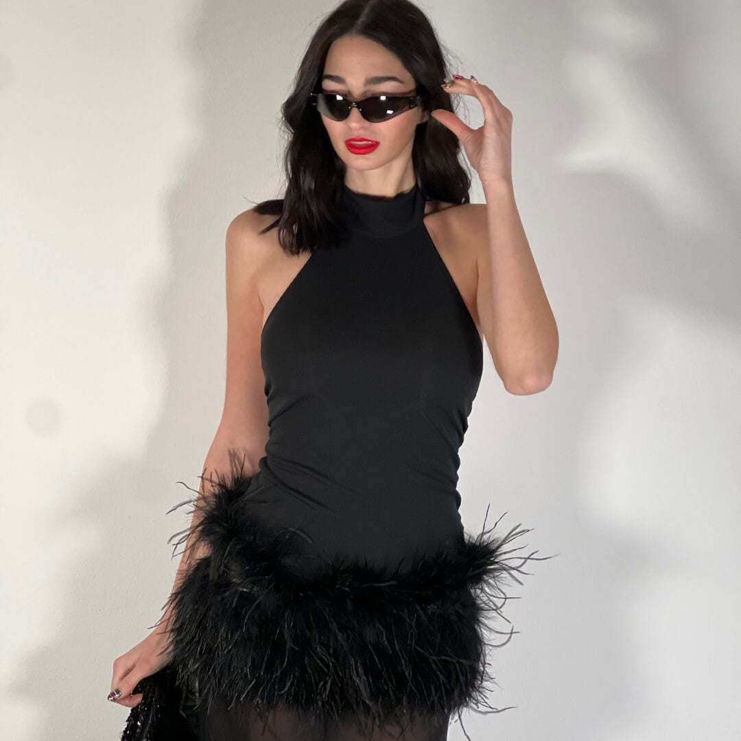 OF - LUMINA Abito Chloe piume tulle nero