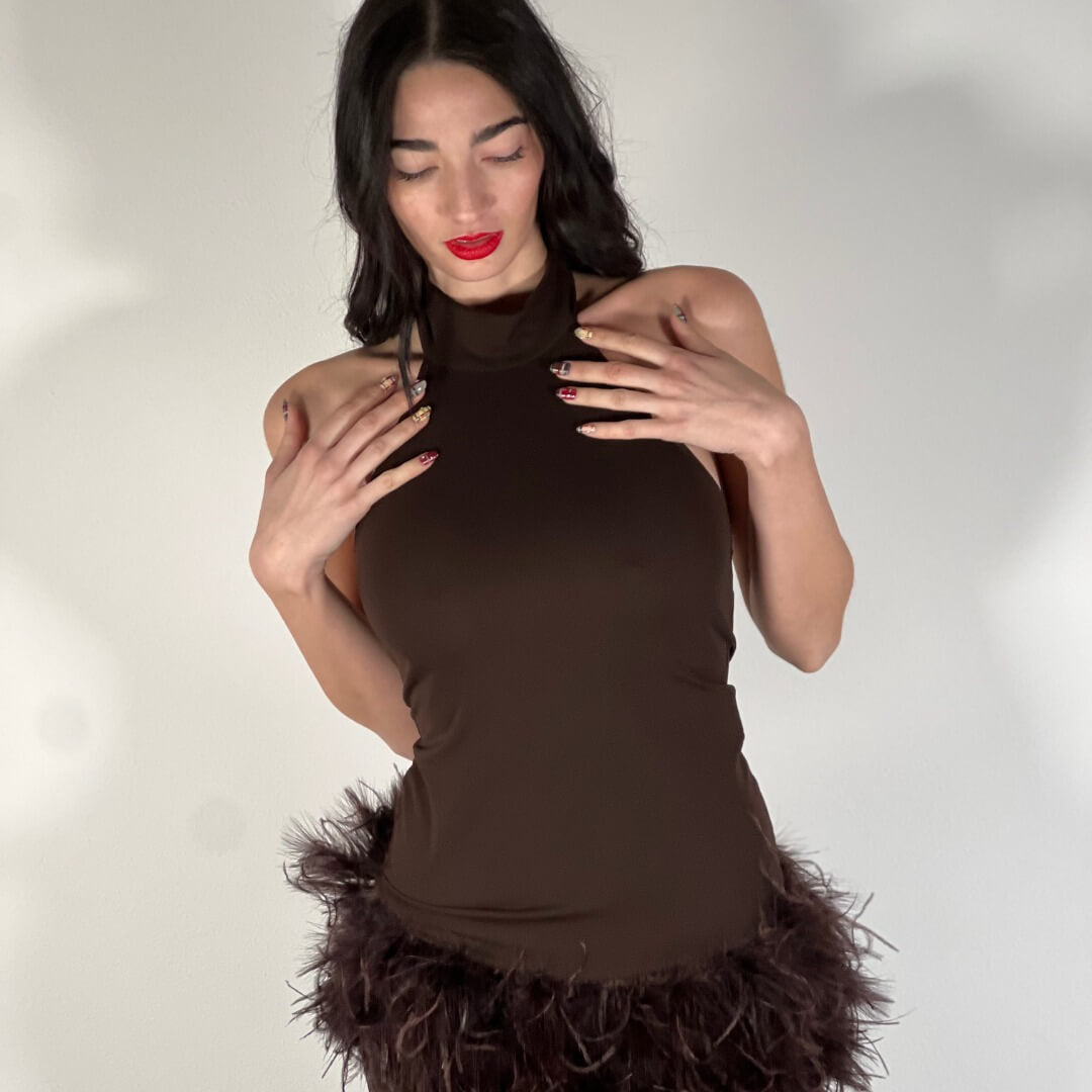 OF - LUMINA Abito Chloe tulle piume marrone