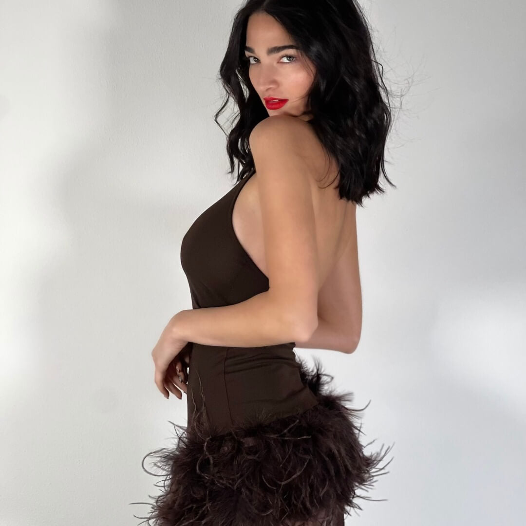 OF - LUMINA Abito Chloe tulle piume marrone