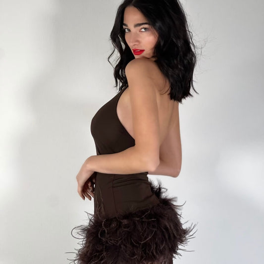 OF - LUMINA Abito Chloe tulle piume marrone