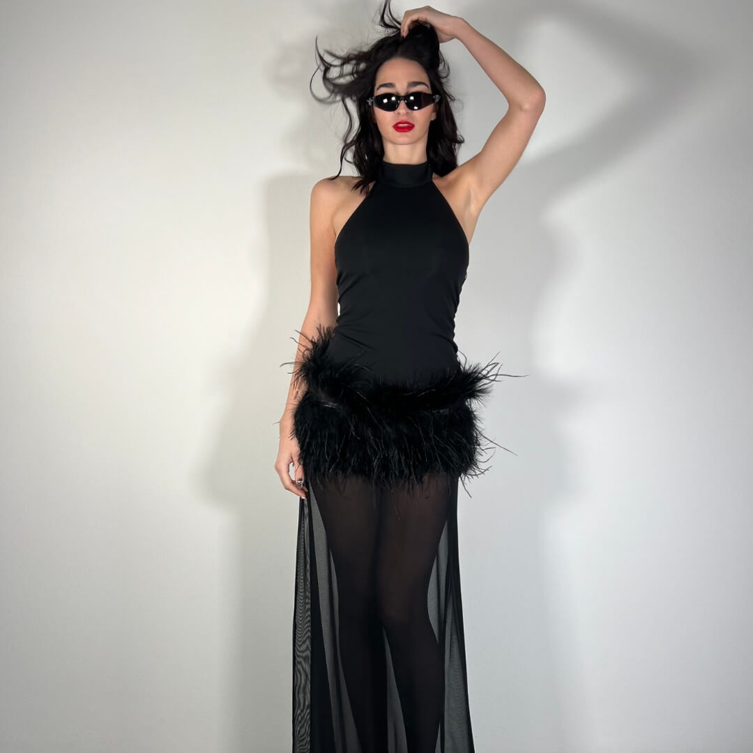 OF - LUMINA Abito Chloe piume tulle nero