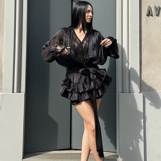 OF - Abito Miriam rouches nero con inserto pizzo