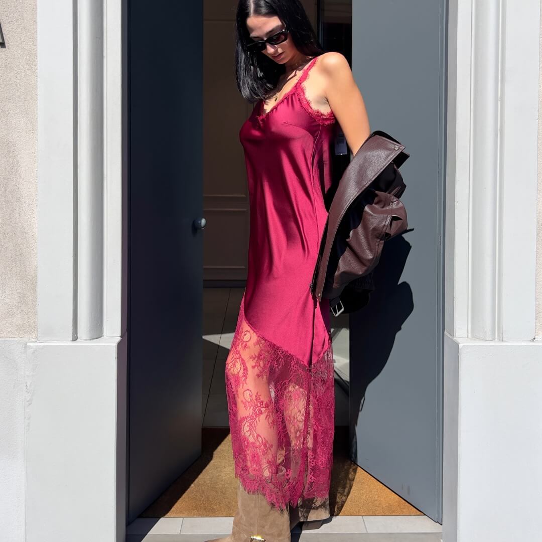 LM - Abito Leli bordeaux con inserti pizzo