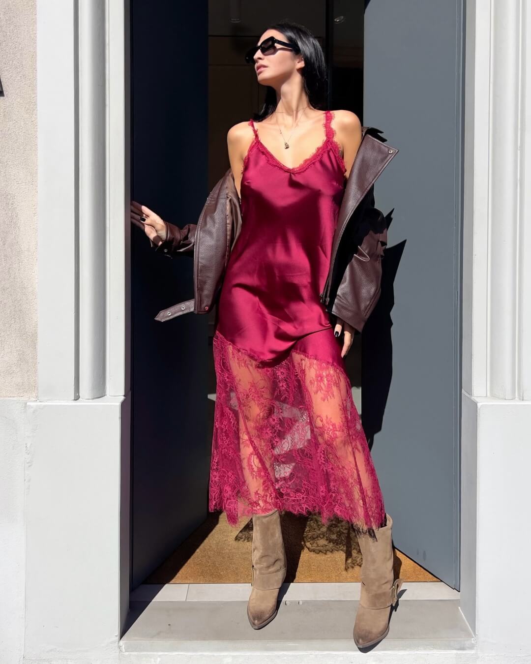 OF - Abito Leli bordeaux con inserti pizzo