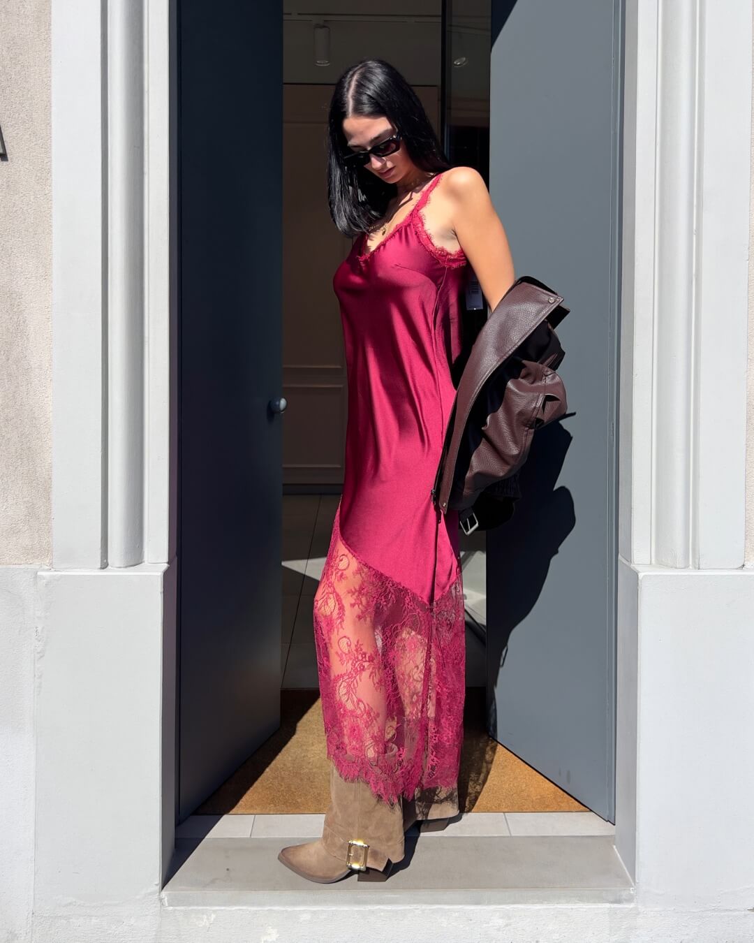 OF - Abito Leli bordeaux con inserti pizzo