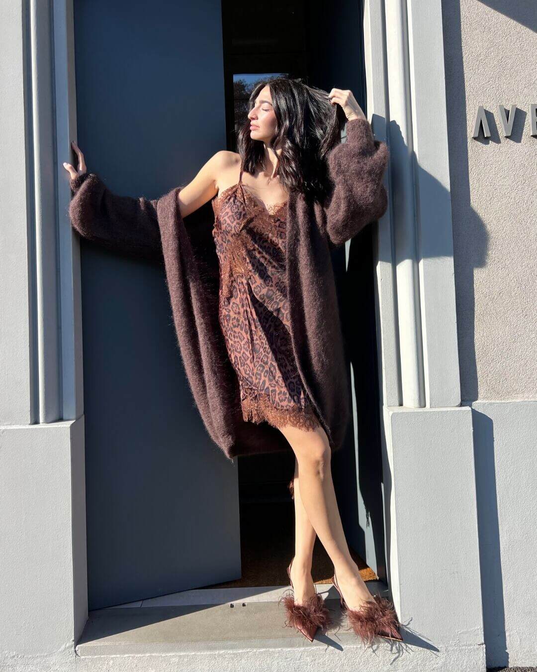 OF - Abito Tiffany marrone animalier pizzo