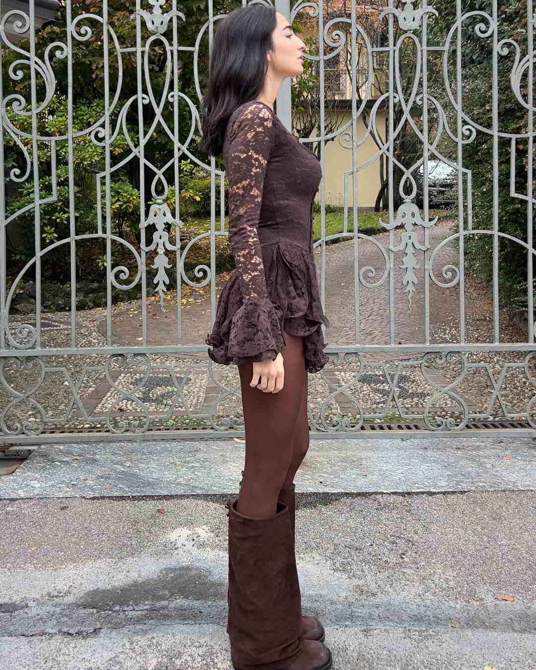 OF - Abito Clary rouches pizzo marrone