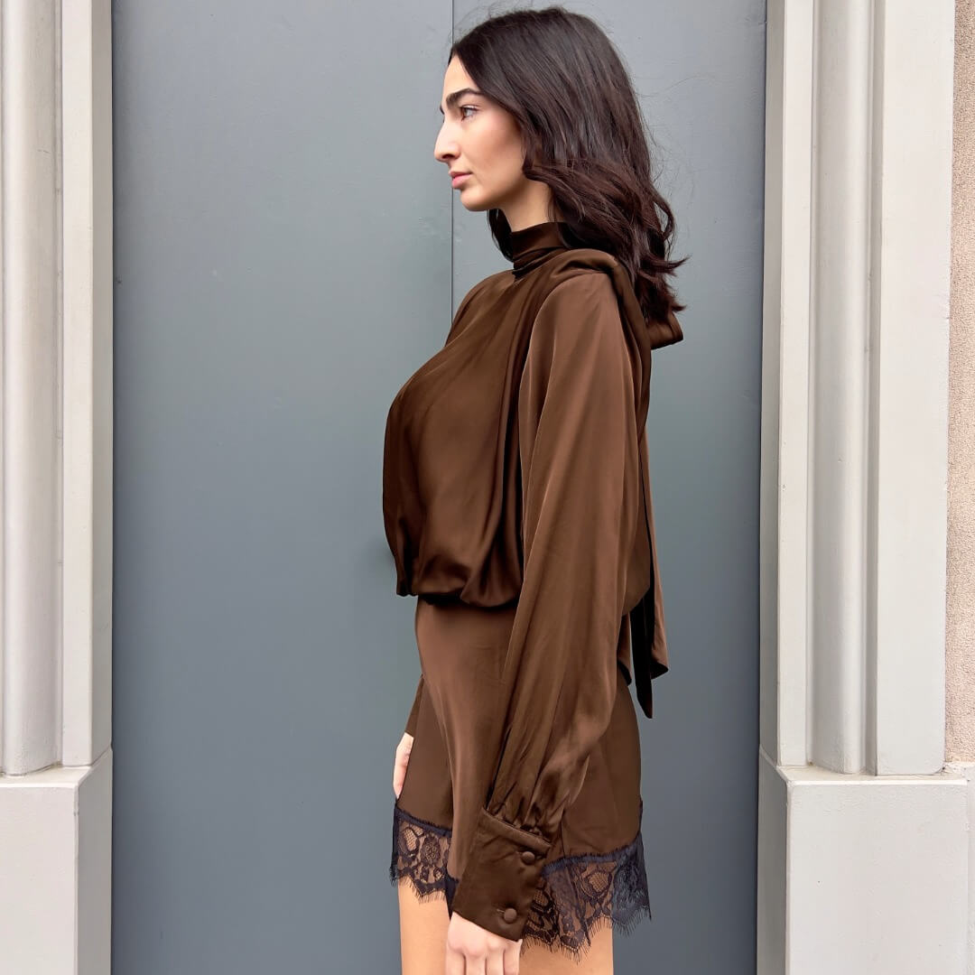 OF - LUMINA Abito Koko marrone con inserti in pizzo
