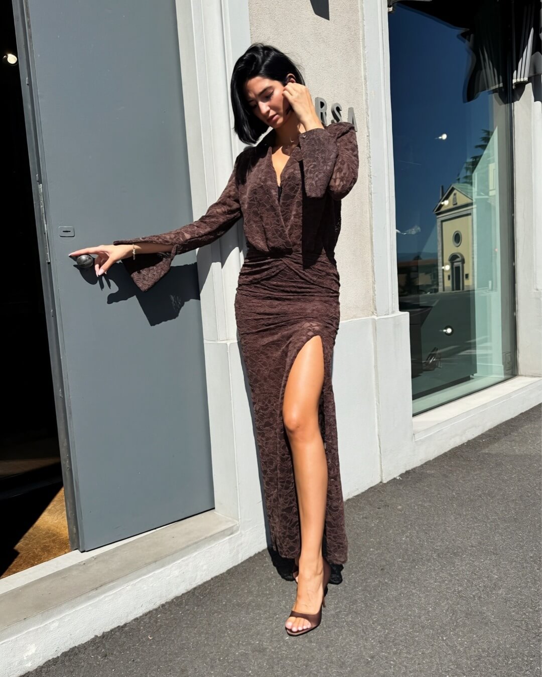OF - Abito lungo Silvia pizzo marrone