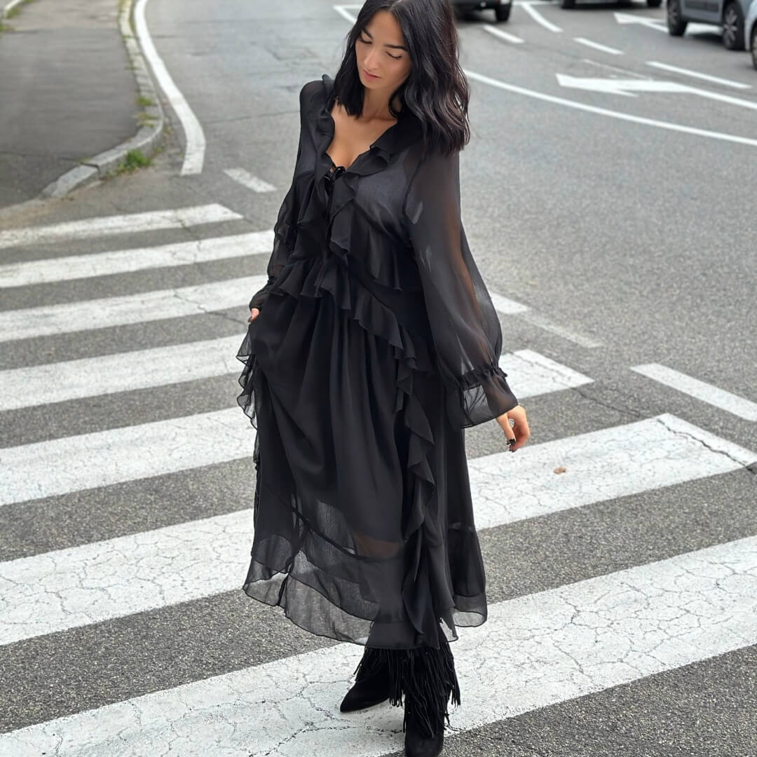 LM - Abito lungo Jade rouches nero